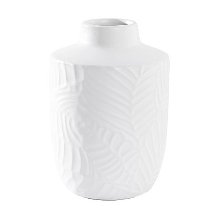 VASO DECOR DE CERAMICA VIRIDIS FOLHAS BRANCO - 16cm