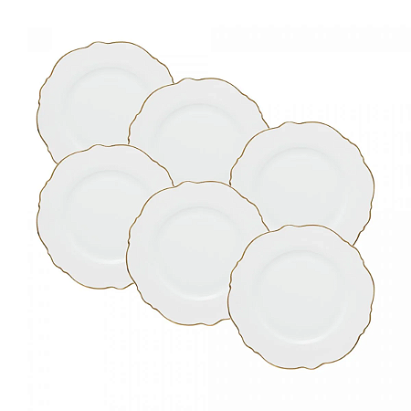 CJ 6 PRATOS RASOS PORCELANA MALDIVAS BR E OURO 28CM - WOLFF