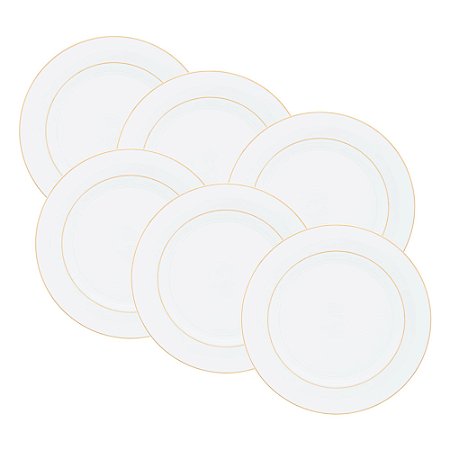 CJ 6 PRATOS RASO PORCELANA C/FIO DE OURO MONACO BRANCO WOLFF