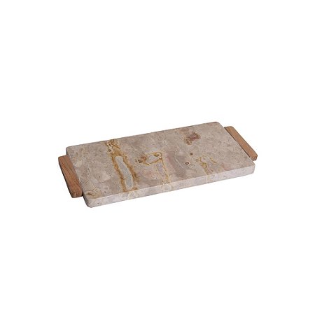 BANDEJA EM MARMORE CINZA E BEGE COM ALCA DE MADEIRA 34CM