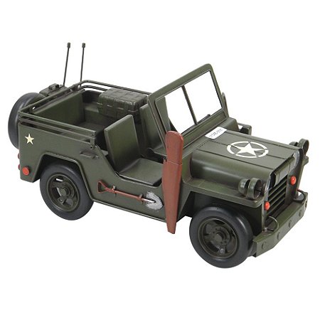 ESCULTURA MINIATURA DE JIPE EM METAL VERDE MILITAR