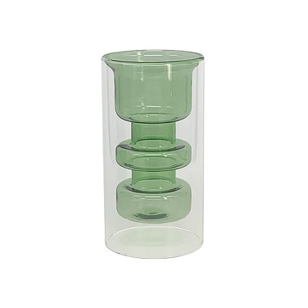 VASO DE VIDRO DUPLO TRANSPARENTE E VERDE 15cm