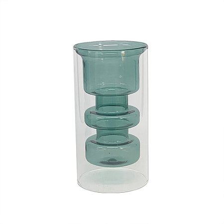 VASO DE VIDRO DUPLO TRANSPARENTE E AZUL 15cm