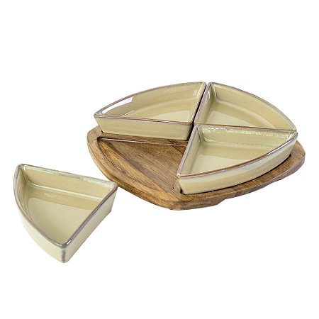 PORTA APERITIVO DE CERAMICA BEGE E BASE DE MADEIRA - 4 PCS