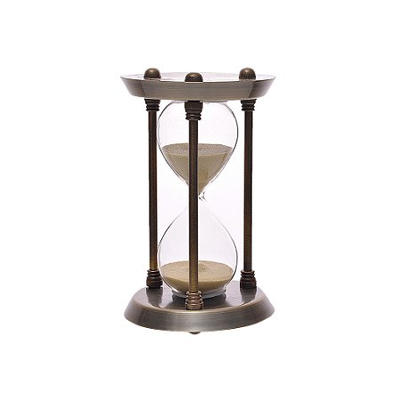 AMPULHETA EM VIDRO E METAL BRONZE COM AREIA BEGE 16cm
