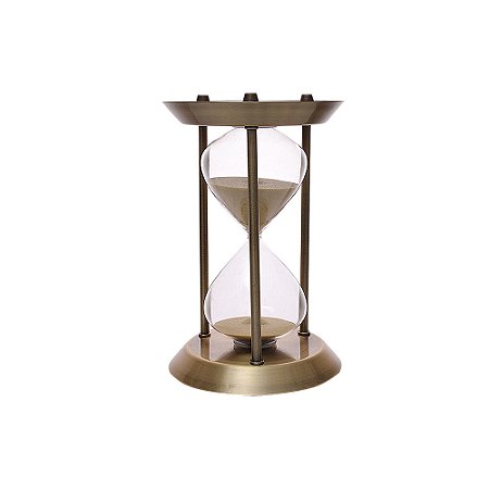 AMPULHETA EM VIDRO E METAL BRONZE COM AREIA BEGE 24cm