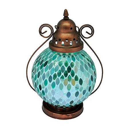 LANTERNA DECORATIVA DE FERRO BRONZE C/TONS DE AZUL - 34cm