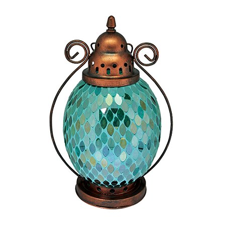 LANTERNA DECORATIVA DE FERRO BRONZE C/TONS DE AZUL - 29CM