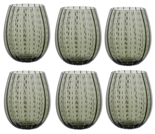 CONJ DE COPOS EM VIDRO CINZA COM PONTOS BRANCOS 6 PCS 500ML