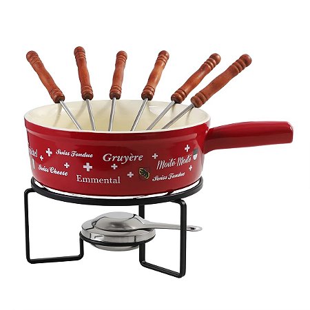 APARELHO DE FONDUE VERMELHO EM METAL COM 06 ESPETOS