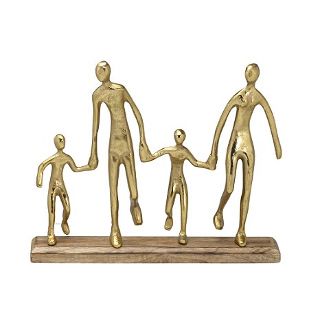 ESCULTURA FAMILIA EM ALUMINIO E MADEIRA DOURADO - 31cm