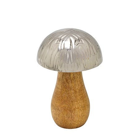 ESCULTURA COGUMELO DECORATIVO EM MADEIRA E METAL PRATA 18CM