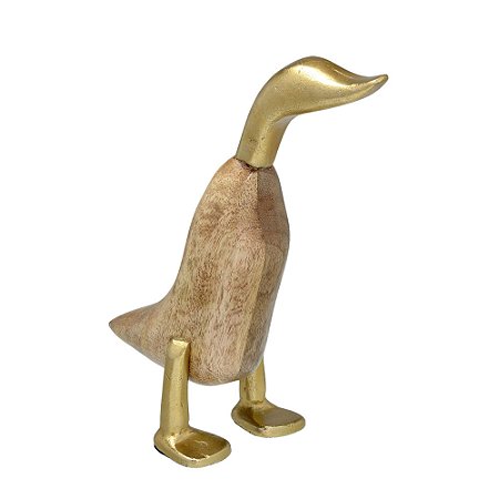ESCULTURA PATO DECOR EM ALUMINIO E MADEIRA DOUR/MARRO 25,5cm
