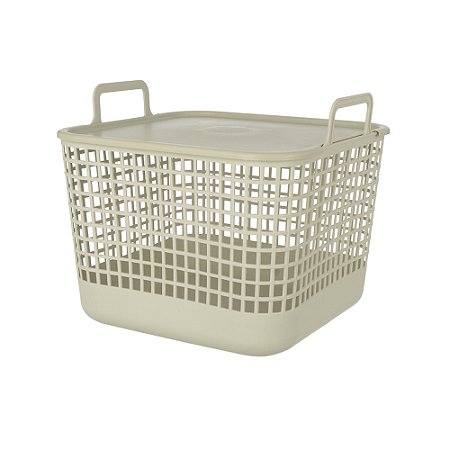 CESTO ORGANIZADOR EMPILHAVEL PLASTICO C/TAMPA BEGE 34,5CM