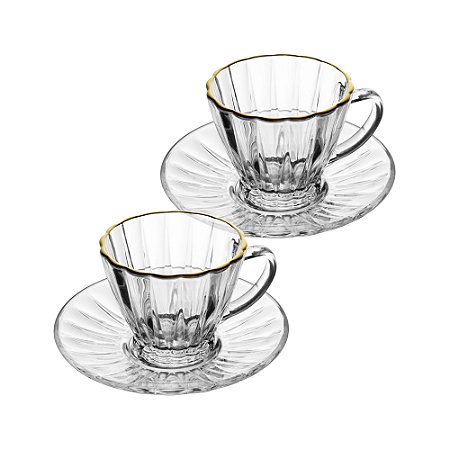CJ 2 XICARAS CAFE CRISTAL ECO C/FIO OURO E PIRES 70ML - LYOR