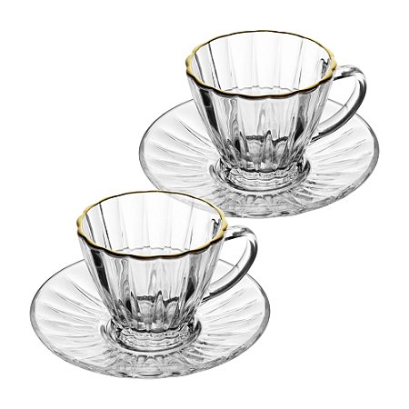 CJ 2 XICARAS CHA DE CRISTAL ECO FIO OURO E PIRES 180ML -LYOR
