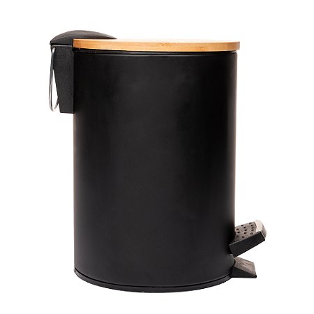 LIXEIRA REDONDA METAL C/PEDAL E TAMPA BAMBU PRETA 3L - LYOR