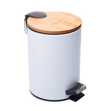 LIXEIRA REDONDA METAL C/PEDAL E TAMPA BAMBU BRANCA 3L - LYOR
