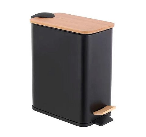 LIXEIRA RETANGULAR DE METAL C/PEDAL TAMPA EM BAMBU PRETA 5L