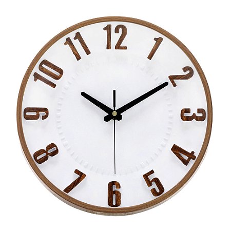 RELOGIO DE PAREDE EM PLASTICO BRANCO E MADEIRA E PRETO 31cm