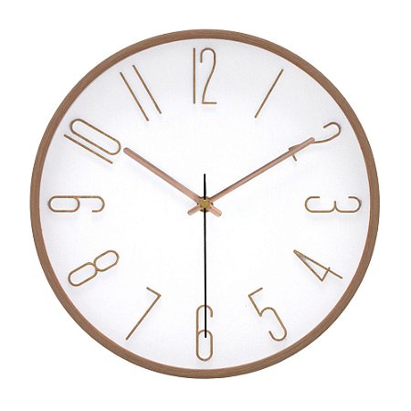 RELOGIO DE PAREDE EM PLASTICO E VIDRO BRANCO E MADEIRA 31cm