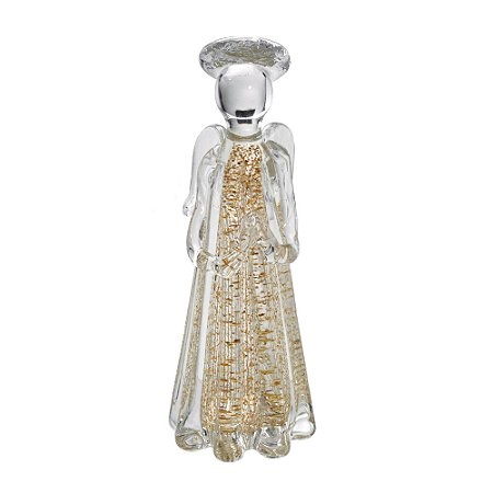 ESCULTURA ANJO DECORATIVO EM VIDRO DOURADO E TRANSP 27CM