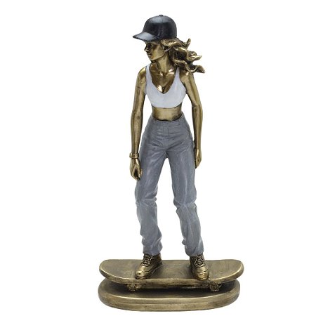 ESCULTURA  SKATISTA MULHER EM RESINA  AZUL/CINZA/DOUR 25,5cm
