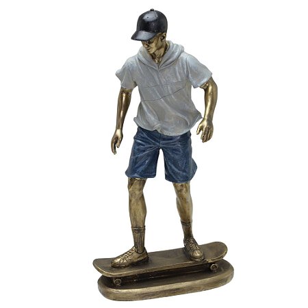 ESCULTURA SKATISTA HOMEM EM RESINA AZUL E CINZA E DOUR  27cm