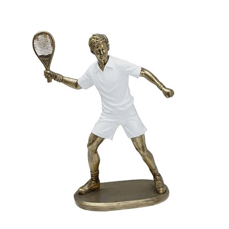 ESCULTURA TENISTA HOMEM EM RESINA BRANCO E DOURADO - 24cm