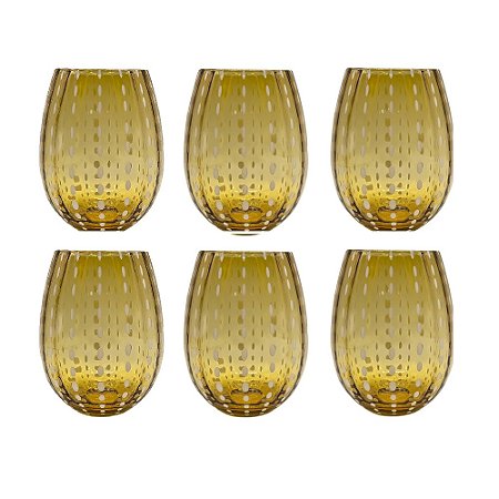 CJ DE COPOS EM VIDRO AMBAR COM DETALHE BRANCO 6PCS 12cm