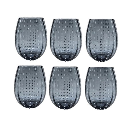 CJ DE COPOS EM VIDRO AZUL COM DETALHE BRANCO 6PCS 12cm
