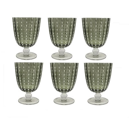 CJ DE TACAS EM VIDRO VERDE COM DETALHE BRANCO 6PCS 13,5cm