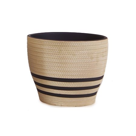 CACHEPOT CERAMICA BEGE COM LISTRAS PRETAS OFW 17CM