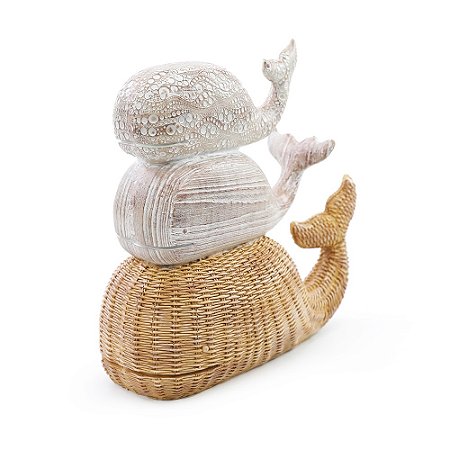 ESCULTURA EM RESINA 3 BALEIAS ESTILO PALHA E MADEIRA 25CM