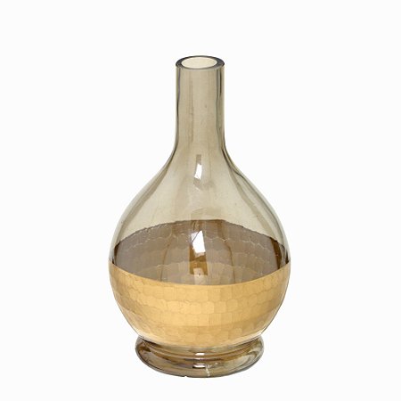 VASO GARRAFA DECORATIVO EM VIDRO AMBAR E DOURADO - 22cm