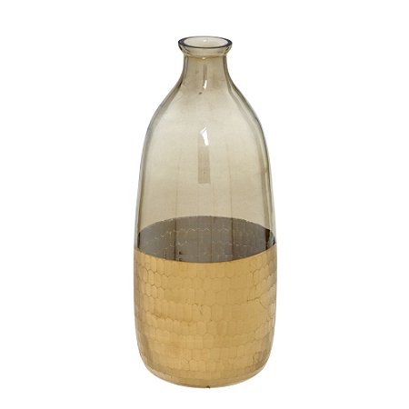 VASO GARRAFA DECOR EM VIDRO AMBAR E DOURADO 32CM