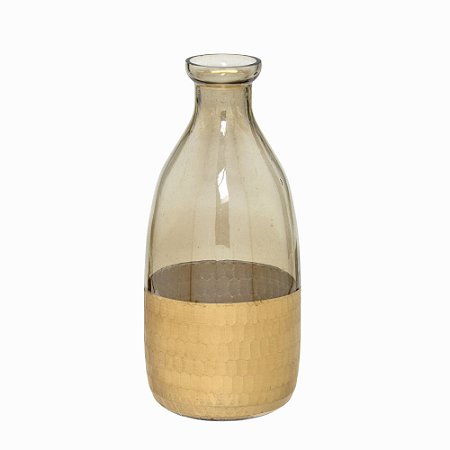 VASO GARRAFA DECORATIVO EM VIDRO AMBAR E DOURADO - 24CM