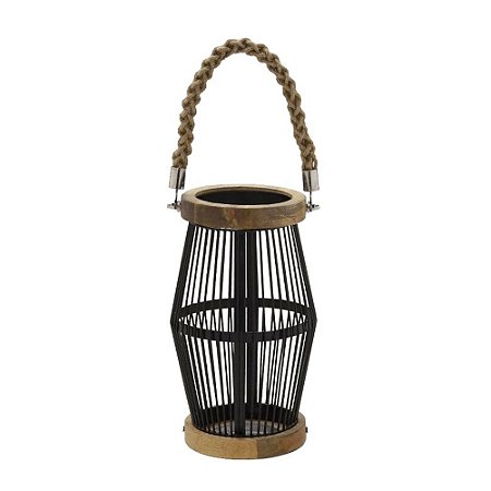LANTERNA DECORATIVA EM METAL PRETO E MADEIRA E CORDA 31CM