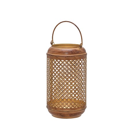 LANTERNA DECORATIVA EM METAL E COURINO DOURADO E MARROM 27cm