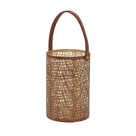 LANTERNA DECORATIVA EM METAL E COURINO  DOURADO/MARROM 30cm