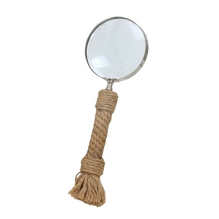 LUPA DECORATIVA EM JUTA E VIDRO MARROM E PRATA - 29cm