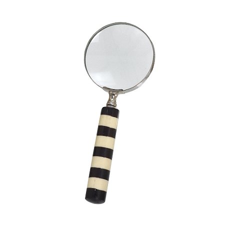 LUPA DECORATIVA EM RESINA E VIDRO BEGE E PRATA E PRETO 20cm
