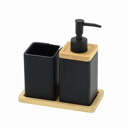 JOGO DE BANHEIRO 3 PECAS EM BAMBU E CERAMICA MARROM E PRETO