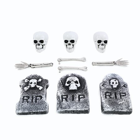 LAPIDE DECORATIVA COM ESQUELETOS 12CM KIT C/10 UN HALLOWEEN