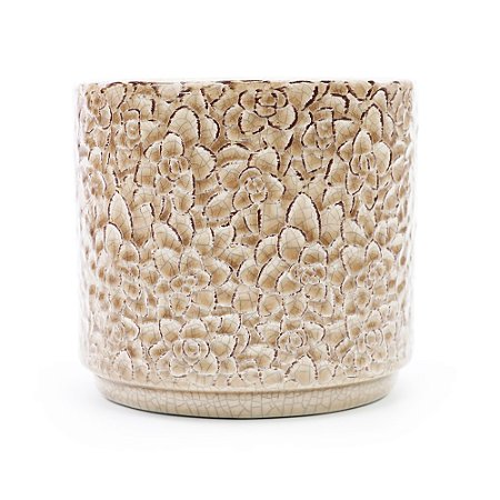 CACHEPOT DECORATIVO EM CERAMICA CIRCULAR BEGE FLORIDO 9,5CM