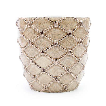 CACHEPOT DECORATIVO EM CERAMICA CIRCULAR BEGE TRANCADO 9,5CM