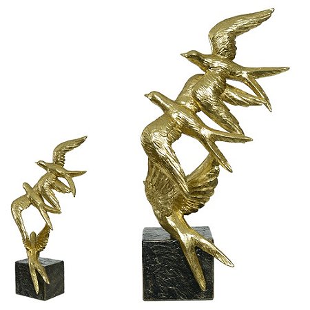 ESCULTURA DECOR POLIRESINA PASSAROS DOURADO 33,5X17,5X9,3cm