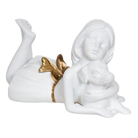 ESCULTURA DECOR POLIRESINA MENINA BRANCO DOURADO 8X14X8cm