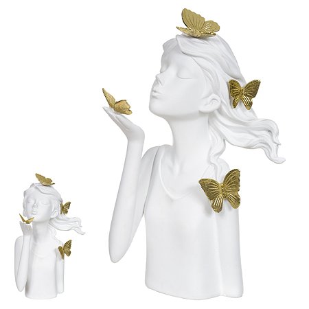 ESCULTURA POLIRESINA MENINA BRANCO DOURADO 31X17,5X15,5cm