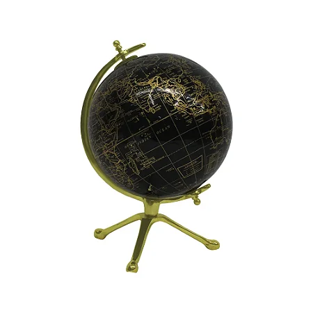 GLOBO TERRESTRE DECORATIVO METAL DOURADO E PRETO
